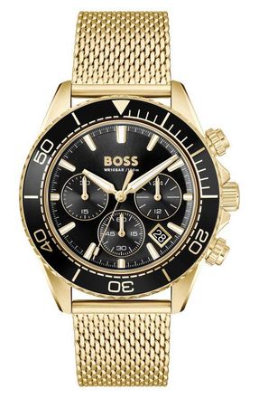 BOSS Sealiner Chronograph Goldtone Mesh Strap Watch, 44mm in Black at Nordstrom