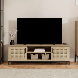 VonHaus Lena Rattan Effect Living Room Storage TV Stand in Brown