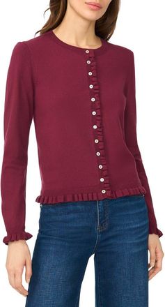CeCe by Cynthia Steffe Ruffle Trim Cardigan in Crisp Merlot at Nordstrom, Size X-Large