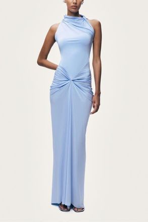 Nocturne Draped Halter Neck Ruched Maxi Dress in Blue at Nordstrom, Size X-Small Eu