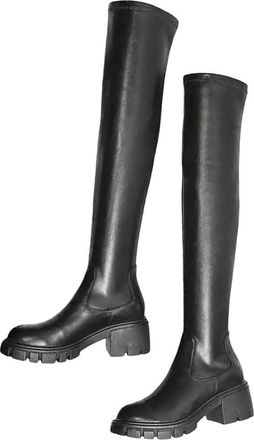 Generic Womens Cow Leather Stretch Over-The-Knee Boots Round Toe High Heels Winter Thigh High Boots