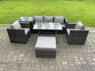 Fimous 6 Seater Wicker Rattan Outdoor Furniture Garden Dining Set with Sofa Oblong Dining Table 2 Armchairs Stool in Dark Grey