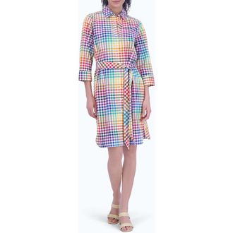 Foxcroft Rocca Rainbow Gingham Tie Waist Shirtdress in Multi Plaid at Nordstrom Rack, Size X-Small
