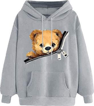 Generic Cute Hoodies for Women UK Teddy Bear Graphic Long Sleeve Lightweight Hooded Sweatshirts Ladies Casual Hoody Jumper with Pockets Oversized Soft Pullove