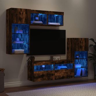 vidaXL Vidaxl - Muebles Tv Pared Con Led 5 Pzas Madera Ingenier&iacute;a Roble Ahumado