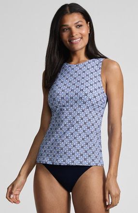 Lands End DDD-Cup High Neck UPF 50 Sun Protection Modest Tankini Swimsuit Top in Lake Blue Geo Floral at Nordstrom, Size 10