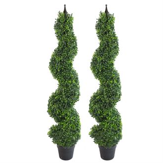 Leaf Artificial Boxwood Spiral Trees Topiary Spiral Metal Top Pair of 120cm 4ft Tall Botanik in Green