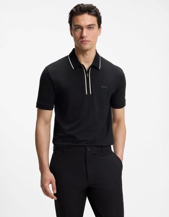 HUGO BOSS Mens BOSS Green Philix Mens Slim Fit Zip Polo Shirt in Moisture-Wicking Stretch Cotton - Black 001 - Size: 38