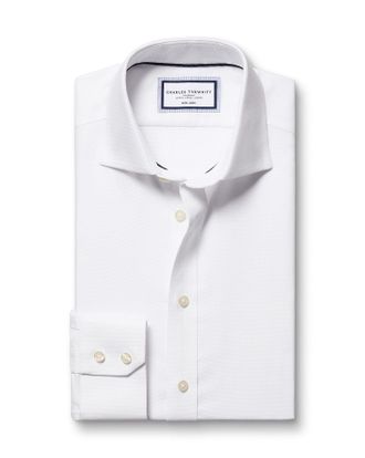CHARLES TYRWHITT Non-Iron Westminster Weave Cotton Shirt - White Single Cuff Size 16.5/34 by Charles Tyrwhitt