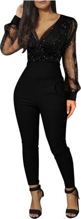 Generic Elegant Festive Glitter Jumpsuit Womens Jumpsuits Long Sleeve High Waist Cocktail Party Set Women Sexy V-Neck Mesh Bodysuit Festive One-Piece Overalls