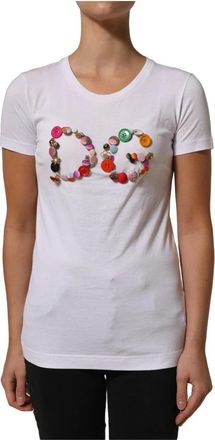 Dolce & Gabbana DG Logo Versierde Ronde Hals T-shirt - Dames - T-shirts - Wit - XS - Katoen - Tops