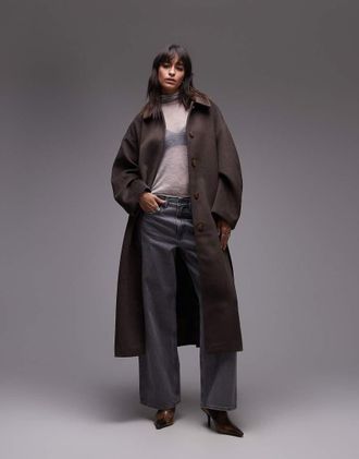 Topshop Cappotto elegante taglio lungo marrone con cintura-Multicolore