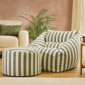 Icon Brand Puf sill&oacute;n con reposapi&eacute;s redondo de boucl&eacute; a rayas, verde oliva