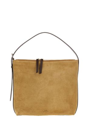 A.P.C. Beige Suede Leather Shoulder Bag with Adjustable Strap and Gold Accents