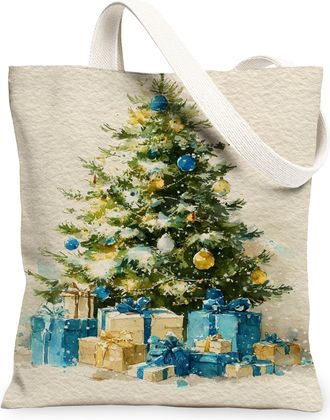 Generic Christmas Tree Canvas Tote Bags, Festive Holiday Design Reusable Grocery Bags, Artistic Lightweight Washable Shoulder Strap Canvas for Shopping Travel