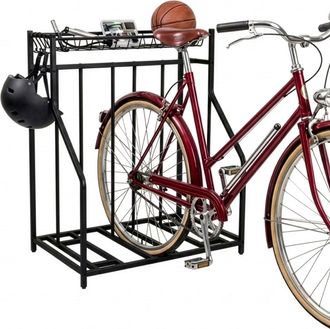 Relaxdays Soporte De Suelo Para Bicicletas Relaxdays, 3 Bicicletas, Ancho De Rueda Ajustable, Cesta Y 6 Ganchos, Regulable, Negro