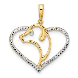Diamond2Deal 14k Yellow Gold White Rhodium Diamond-cut Dog Head in Heart Pendant