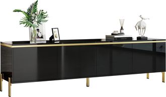 STILVORA Mueble De Tv Con 4 Puertas Y Pasacables, Brillo Parcial, Patas De Metal, Estilo Minimalista, 170&times;38&times;50 Cm, Negro