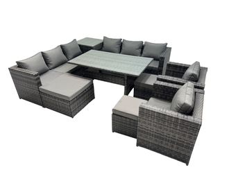 Fimous Garden Rattan Furniture Set 11 Seater with Side Table 3 Stool in Dark Grey