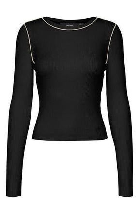 Vero Moda Kara Contrast Piping Long Sleeve Sweater Top in Black Detail/birch Contrast at Nordstrom Rack, Size X-Small