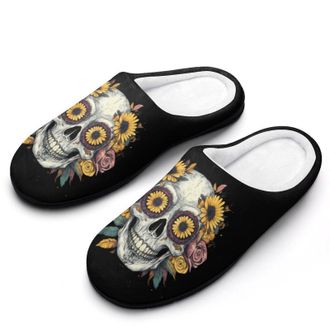 Generic Sugar Skull with Floral Eyes Funny Mens Slippers Cotton Warm House Shoes Memory Foam Sandals Print Size 7-14