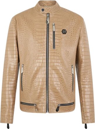 Philipp Plein Leather Moto Jacket Cocco - Heren - Leren en Su&egrave;de Jassen - Beige - M - Leer - Jassen