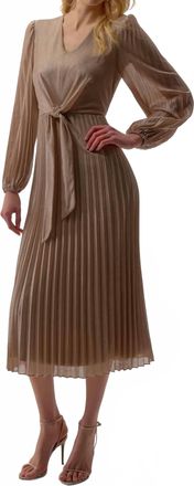 Joseph Ribkoff Waist Tie Puff Sleeve Pleated Fit And Flare Dress In Taupe/silver