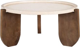 DRAWER Mesa baja de m&aacute;rmol y madera maciza &oslash;80cm - Marfil blanco