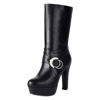Generic Womens Classic Mid Calf Boots Round Toe Super High Chunky Heel Platform With Pearl Accents Stylish Footwear