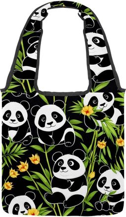 Generic Cute Cartoon Panda Reversible Canvas Shoulder Tote - Double-Sided Print, 12oz Cotton, 27cm Drop, Fold-Flat Bag for Travel, Shopping, Street Outings