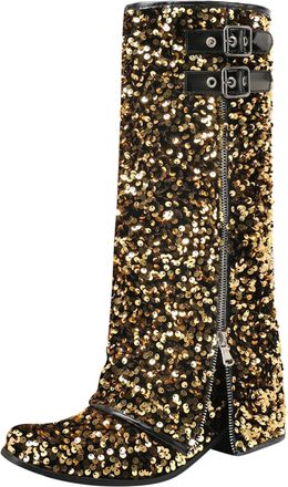 Generic Winter Women Mid Calf Boots Fashionable Pattern Sequins Autumn Winter Footwear Cool Zipper Design Low Heel Height Comfortable Daily Wear (Gold, 6. 5)