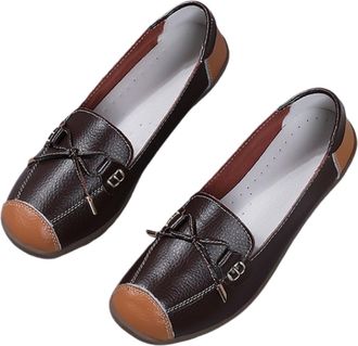 Generic Womens Leather Casual Round Toe Loafers Fashionable Lace-Up Bow Slip and Suitable for Driving Moccasins,Coffee,6.5 UK