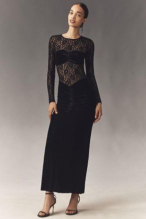 Bardot Helenie Long-Sleeve Stretch Velvet Lace Maxi Dress