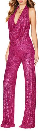 Generic Sequin Jumpsuit for Women V Neck Backless Long Jumpsuits Sexy Glitter Sequins Wide Leg Romper Cocktail Party Playsuit Full Length Sparkly Glitter Play