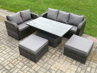 Fimous Outdoor Rattan Garden Furniture Sets Height Adjustable Rising lifting Dining Table Lounge Sofa Set in Dark Grey