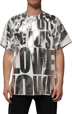 Dolce & Gabbana White Cotton Silver Metallic Slogan Print Mens T-shirt