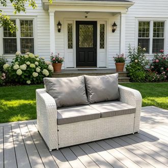 Fimous 2 Seater Sofa Rattan Curved Arm Loveseat Light Grey Garden Furniture