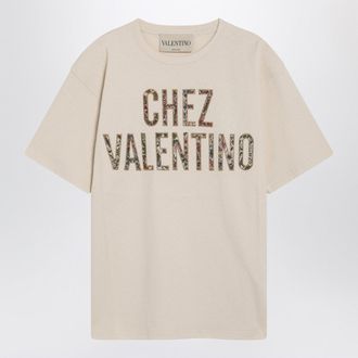 Valentino Garavani Ivory Cotton T Shirt With Chez Valentino Floral Motif