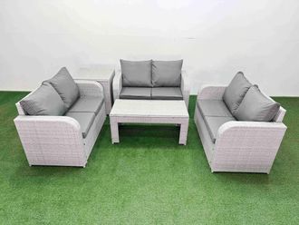 Fimous 6 Seater PE Wicker Rattan Furniture Sofa Sets with Oblong Coffee Table 2 Seater Love Sofa Side Table Light Grey