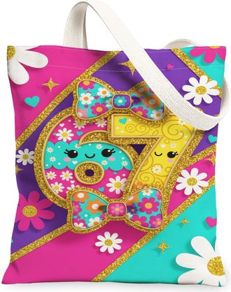 Generic Floral Canvas Tote Bags, Playful Bow Pattern Reusable Grocery Bags, Lightweight Washable Shoulder Strap Canvas for Shopping, Peach, 13x15 Inch