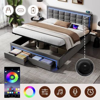 Matteo King Grey Velvet Bed Frame - Hydraulic Storage, LED Headboard
