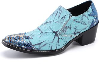 Generic Mens Loafers Casual Prom Slip On Shoes Metal Square-Toe Genuine Leather Heel Penny Loafers Wedding Party Western Ballroom Dress Shoes (Blue,11.5)