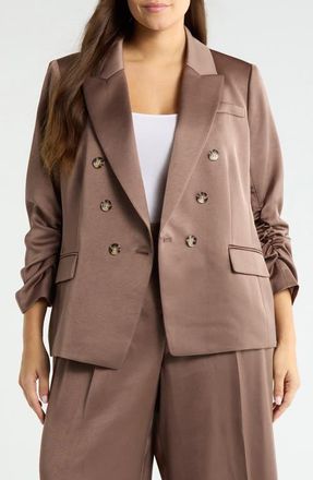 Tahari by ASL Double Breasted Satin Blazer in Mocha at Nordstrom, Size 16 W