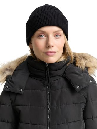 Tom Tailor Beanie TOM TAILOR, Damen, deep schwarz, Strick, Materialmix, Strukturmuster, unifarben, M&uuml;tzen Beanie, mit Rippstruktur
