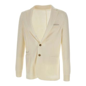 Eleventy Blazers, male, White, XL, Ribbed-Knit Elbow-Patch Blazer