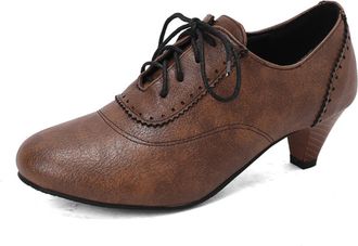 Generic Womens Lace-Up Mid-Heel Oxfords Scalloped Brogued Trim Textured Upper Round Toe Block Heel Adjustable Laces Contrast Laces Stylish Durable,Brown,9.5 U