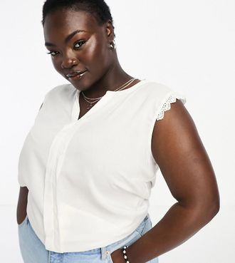 Only V-neck blouse with crochet trim in white