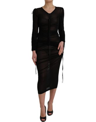 Dolce & Gabbana Womens Mesh Ruched Midi Dress Long Sleeve - Black - Size EU 36 (Womens)