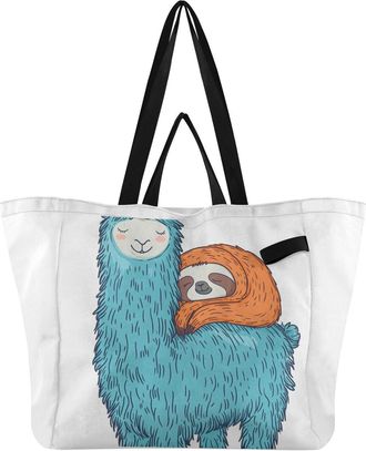 Generic Orange Llama Sloth pattern Reusable Canvas Tote Bag, Heavy Duty Grocery Shopping Bag with Double Handles Hard Bottom Large Capacity Work Groceries Tra