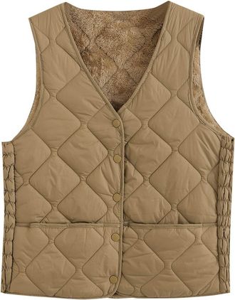 Generic Womens Gilets Lightweight Padded Body Warmer V-Neck Button Sleeveless Jacket with Pockets Fleece Lined Soft Gilet for Women Cozy Quilted Vest Tops Out